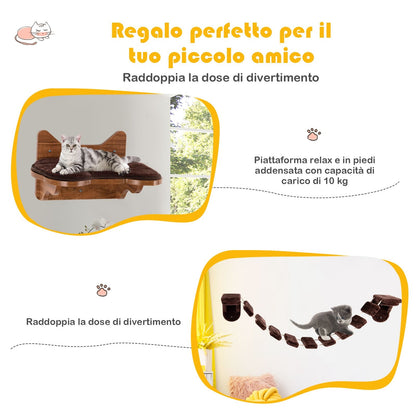Scaletta per Gatti Montata Al Muro Con Letto Di Legno per Gatti, Centro Attività Da Interno per Gatti Marrone