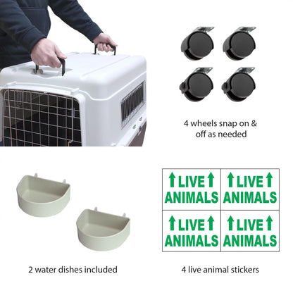 Plastic Kennel for Dogs, Wire Door, IATA Airline Approved, Travel Crate, with Wheels, Gray, Large, 32" L X 22" W X 23" H